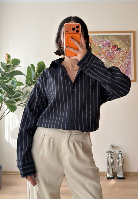 Asami Çizgili Oversize Gömlek Lacivert