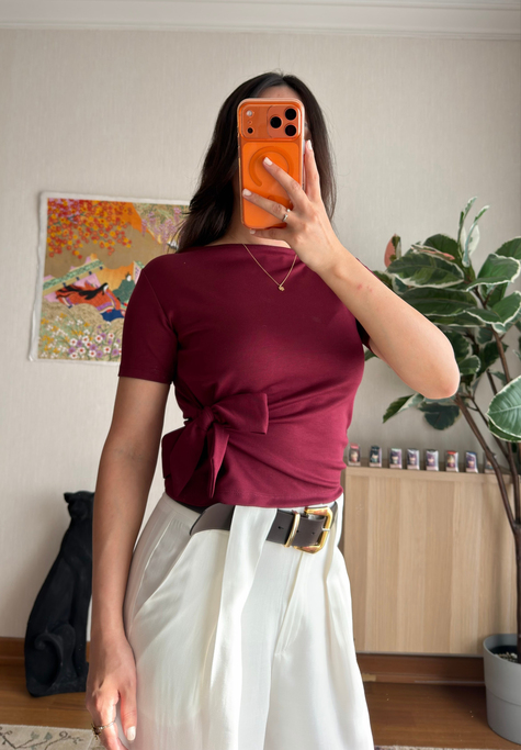 Asira Yan Bağlamalı T-Shirt Bordo