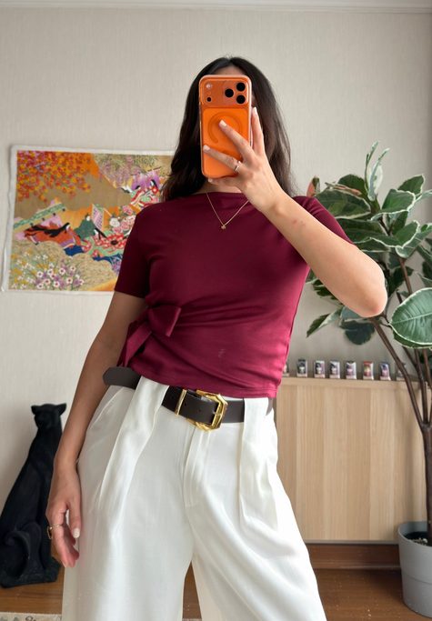 Asira Yan Bağlamalı T-Shirt Bordo