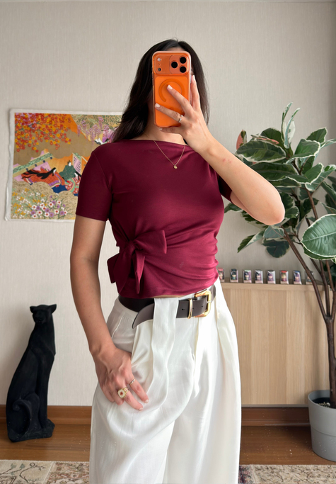 Asira Yan Bağlamalı T-Shirt Bordo