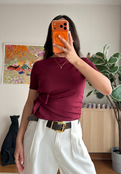 Asira Yan Bağlamalı T-Shirt Bordo