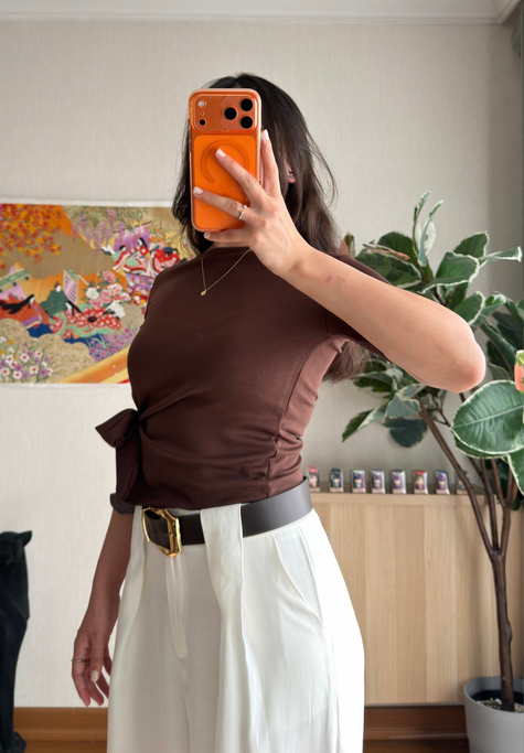Asira Yan Bağlamalı T-Shirt Kahve