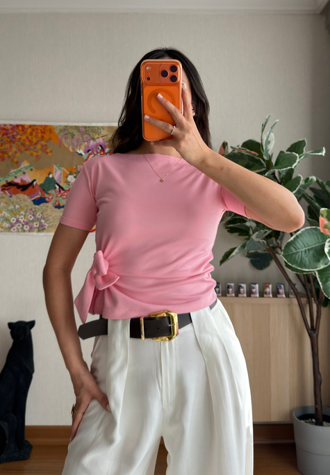 Asira Yan Bağlamalı T-Shirt Pembe