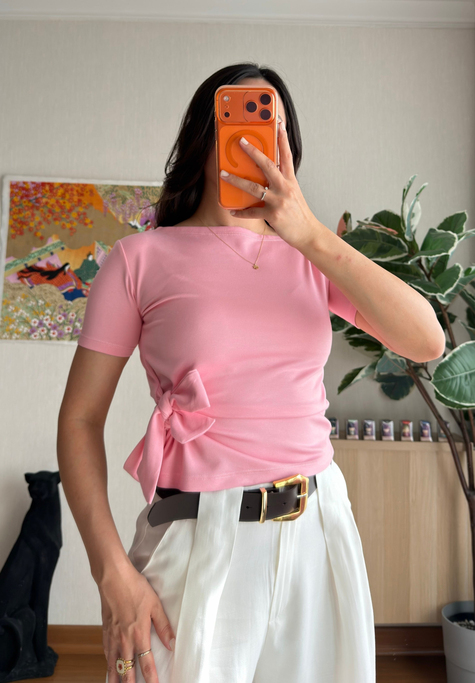 Asira Yan Bağlamalı T-Shirt Pembe