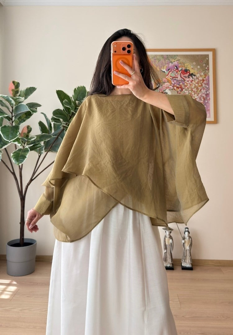 Beniho Uçuşan Pelerin Bluz Olive
