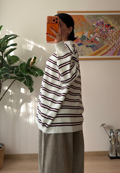 Bisiklet Yaka Çizgili Oversize Triko Kazak Ekru