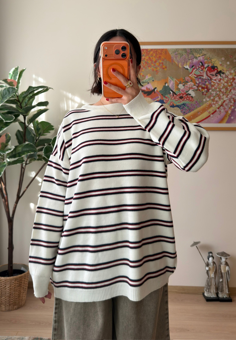 Bisiklet Yaka Çizgili Oversize Triko Kazak Ekru