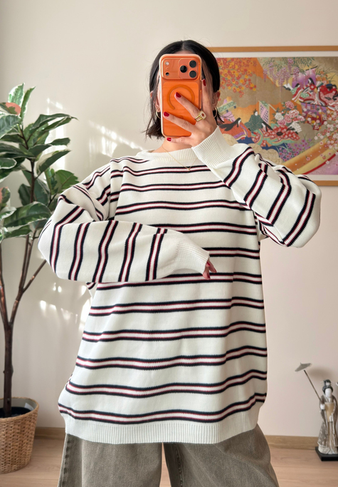 Bisiklet Yaka Çizgili Oversize Triko Kazak Ekru