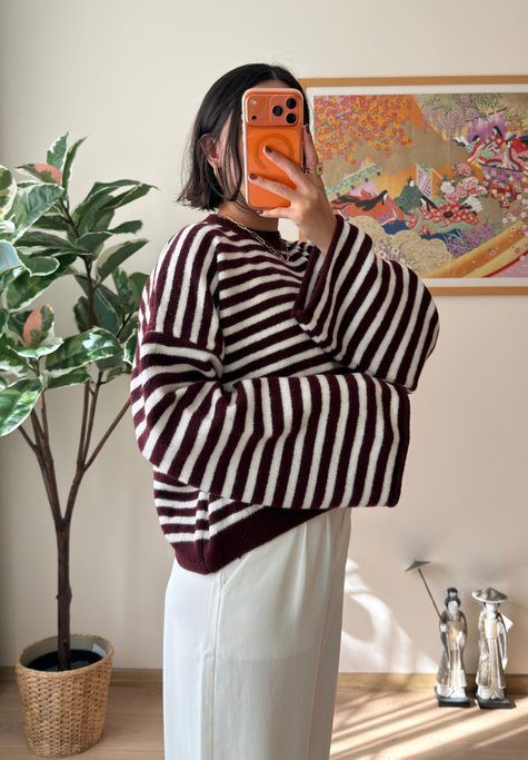 Çizgili Geniş Kol Oversize Kısa Kazak Bordo