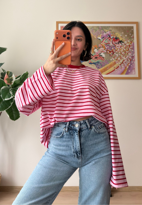 Çizgili Sırt Yazı Baskılı Oversize Sweatshirt Pembe