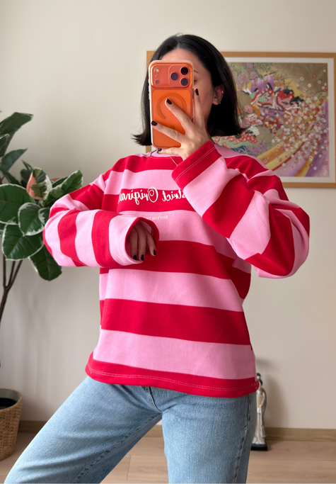 District Baskılı Oversize Sweatshirt Pembe