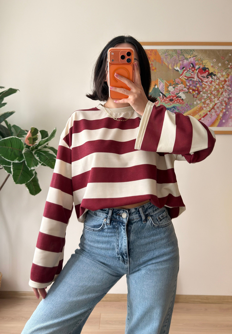 Kalın Çizgili Oversize Sweatshirt Bordo