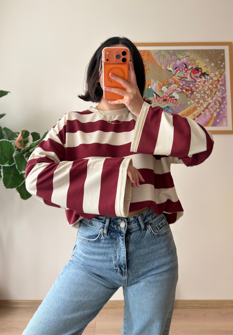 Kalın Çizgili Oversize Sweatshirt Bordo