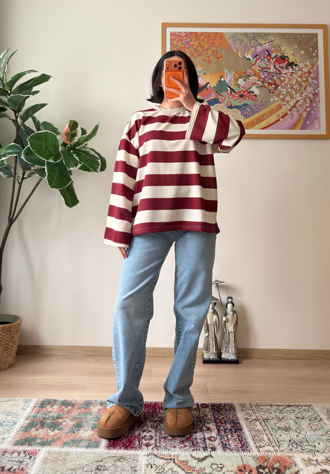 Kalın Çizgili Oversize Sweatshirt Bordo