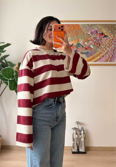 Kalın Çizgili Oversize Sweatshirt Bordo