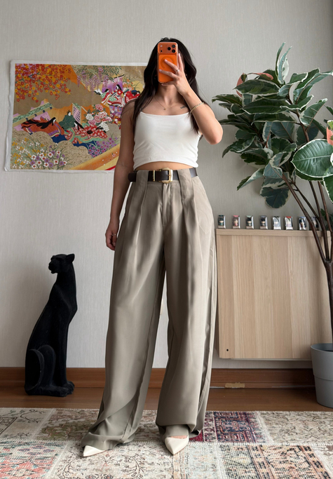 Kemerli Diagonal Modal Pantolon Haki