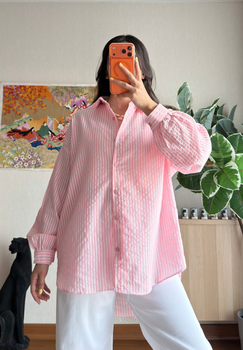 Kenta Çizgili Dokuma Gömlek Pembe