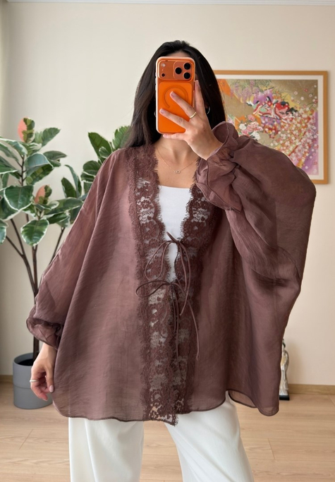 Kinu Dantel Detaylı Bağlamalı Kimono Kahve