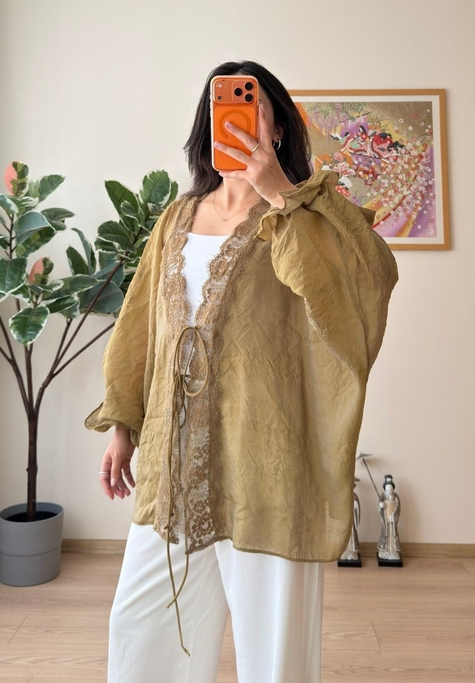 Kinu Dantel Detaylı Bağlamalı Kimono Olive