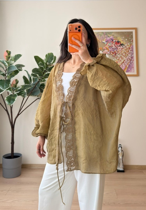 Kinu Dantel Detaylı Bağlamalı Kimono Olive