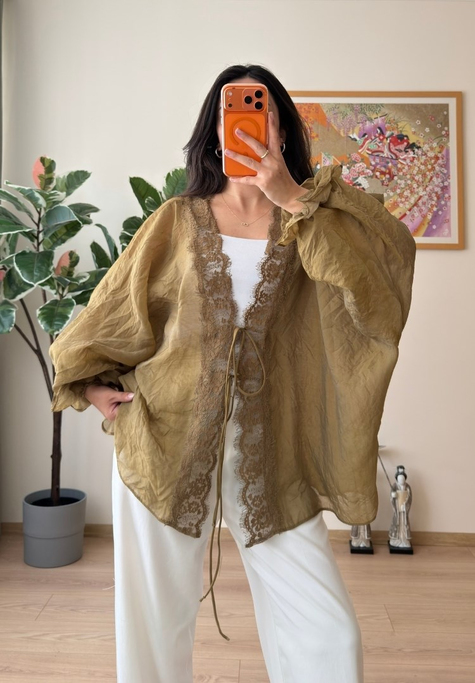 Kinu Dantel Detaylı Bağlamalı Kimono Olive