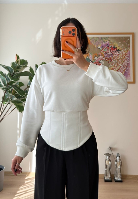 Korse Detaylı Bağcıklı Sweatshirt Beyaz