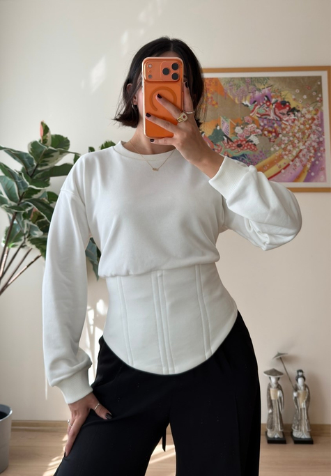 Korse Detaylı Bağcıklı Sweatshirt Beyaz