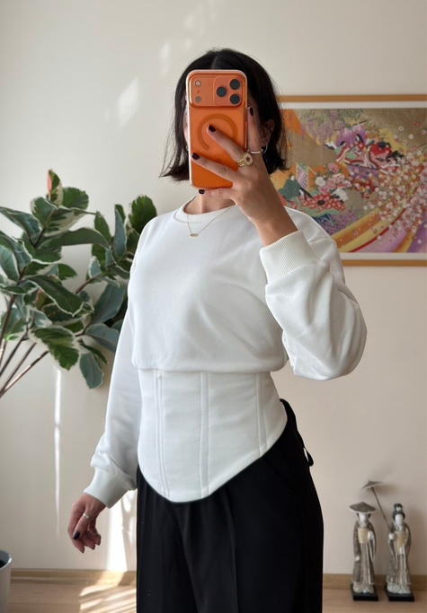 Korse Detaylı Bağcıklı Sweatshirt Beyaz