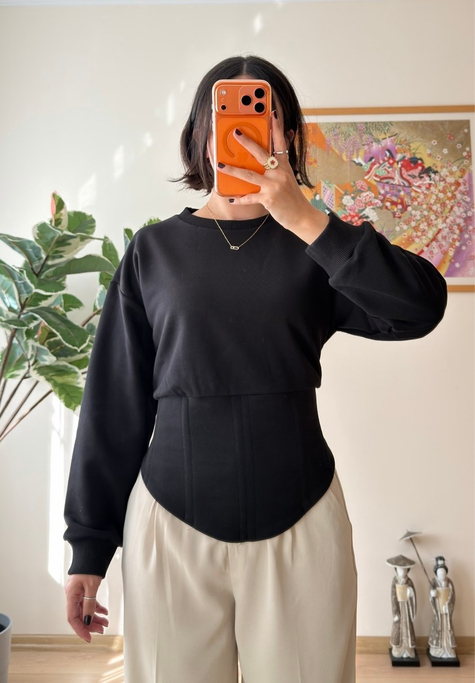 Korse Detaylı Bağcıklı Sweatshirt Siyah