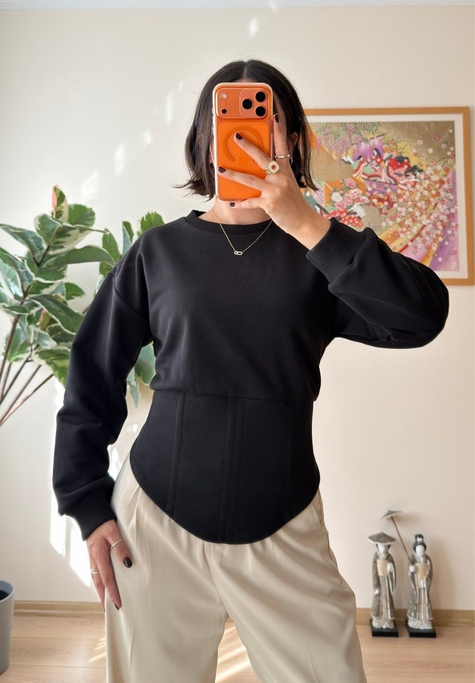 Korse Detaylı Bağcıklı Sweatshirt Siyah