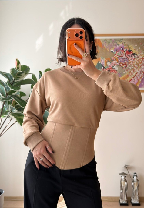 Korse Detaylı Bağcıklı Sweatshirt Vizon