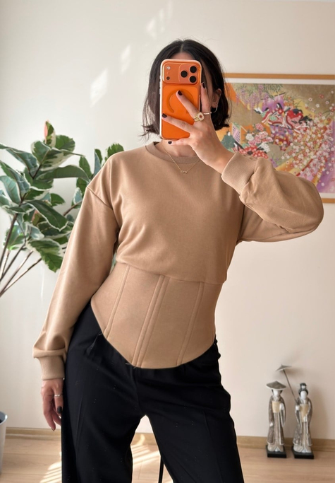 Korse Detaylı Bağcıklı Sweatshirt Vizon