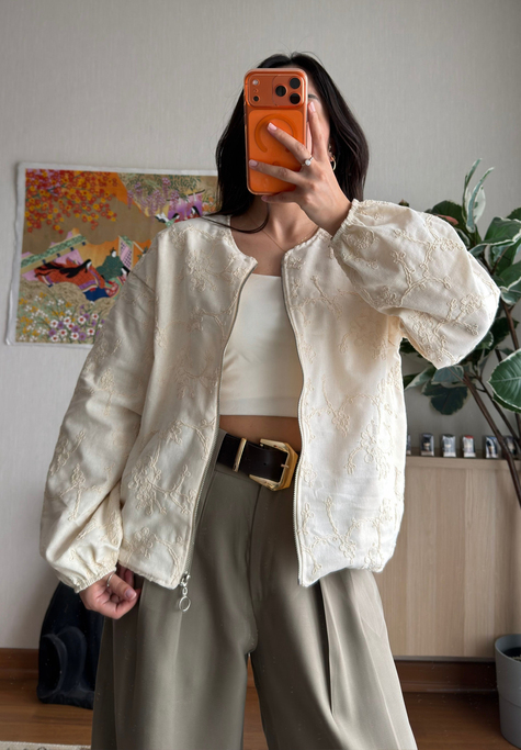 Maika Nakışlı Keten Bomber Ceket