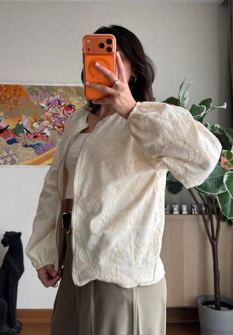 Maika Nakışlı Keten Bomber Ceket