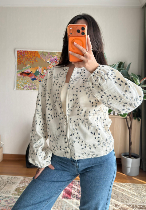 Maika Nakışlı Keten Bomber Ceket Lacivert