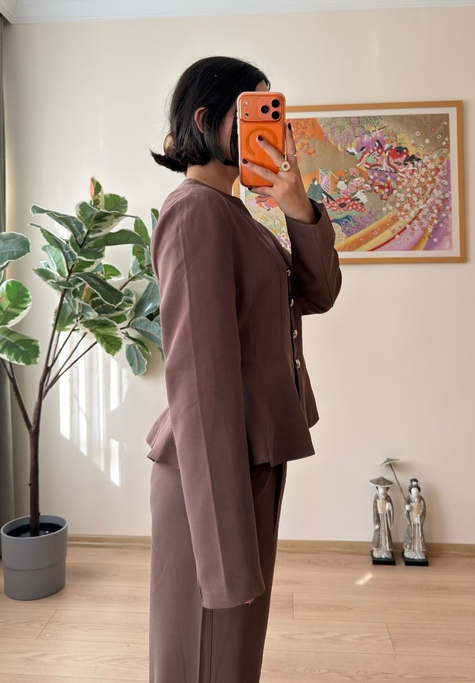 Metal Düğmeli Peplum Ceket Kahve