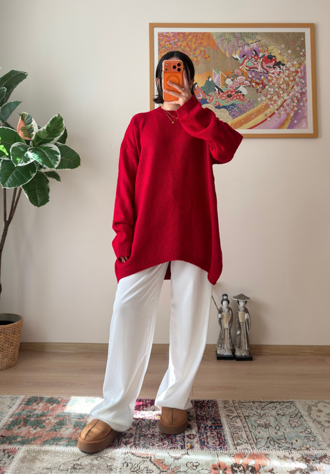 Mirua Basic Oversize Triko Kazak Kırmızı