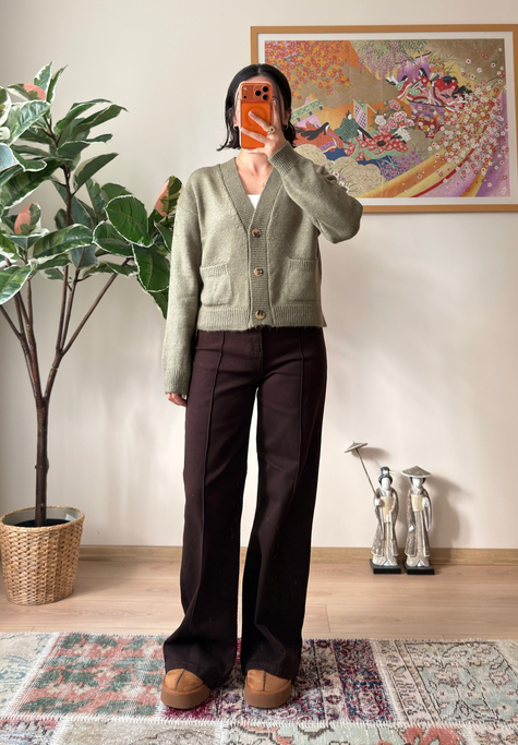 Miyuko Basic Çift Cepli Hırka Soft Yeşil