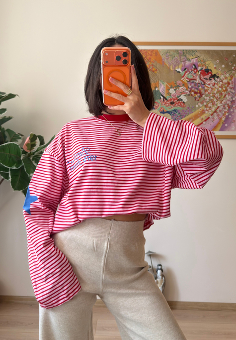 Paris Baskılı Çizgili Oversize Sweatshirt