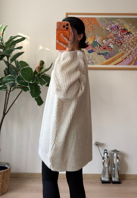 Riane Çizgi Detalı Oversize Kazak Bej