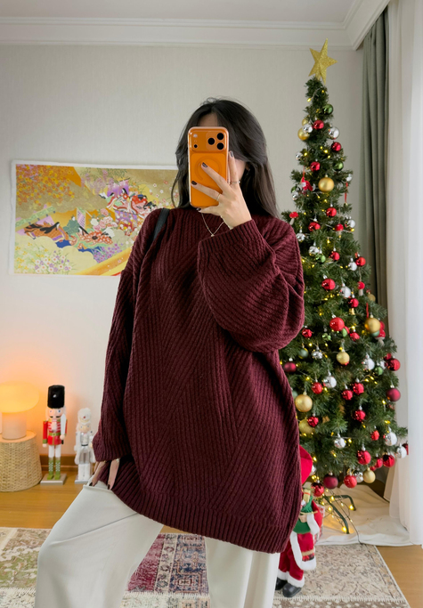 Riane Çizgi Detalı Oversize Kazak Bordo