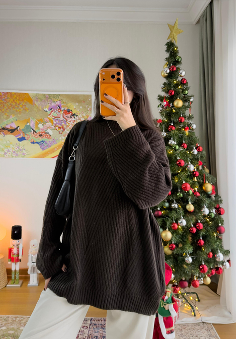 Riane Çizgi Detalı Oversize Kazak Kahve