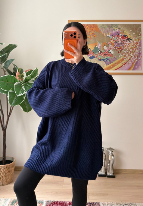 Riane Çizgi Detalı Oversize Kazak Lacivert