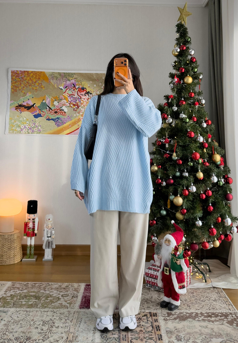 Riane Çizgi Detalı Oversize Kazak Mavi