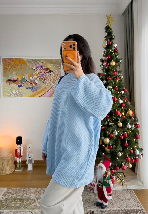 Riane Çizgi Detalı Oversize Kazak Mavi