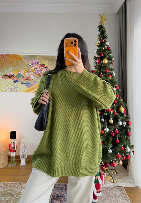 Riane Çizgi Detalı Oversize Kazak Yeşil