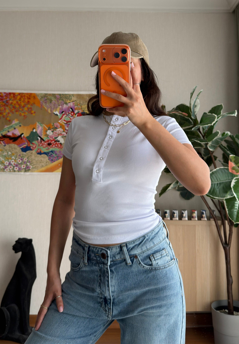 Sare Çıtlı Basic T-Shirt Beyaz