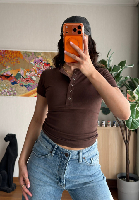 Sare Çıtlı Basic T-Shirt Kahve