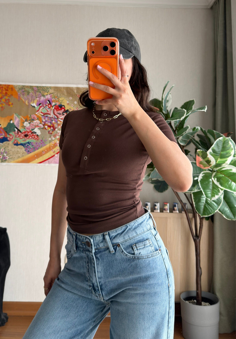 Sare Çıtlı Basic T-Shirt Kahve