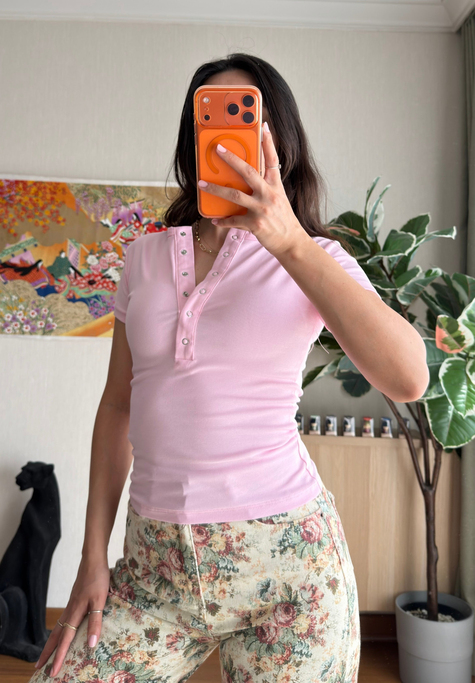 Sare Çıtlı Basic T-Shirt Pembe